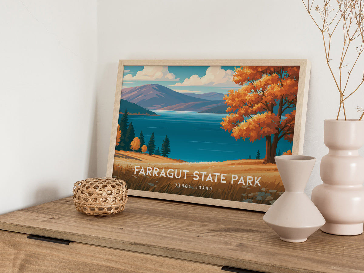 Farragut State Park Landscape Poster | Athol, Idaho Lakeside Pine Forest Framed or Unframed Wall Art — 12x18 in