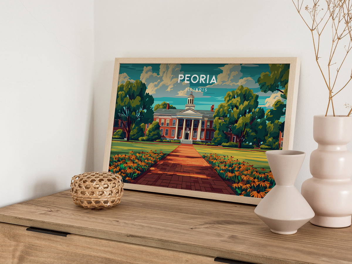 Peoria, Illinois Landscape Poster | Heartland River Skyline Beach House Decor Wall Art — 12x18 in