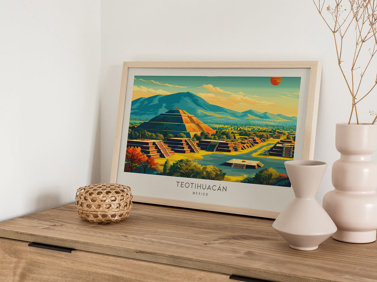 Teotihuacán Landscape Matte Border Poster | Mexico Ancient Ruins Framed or Unframed Travel Gift — 12x18 in
