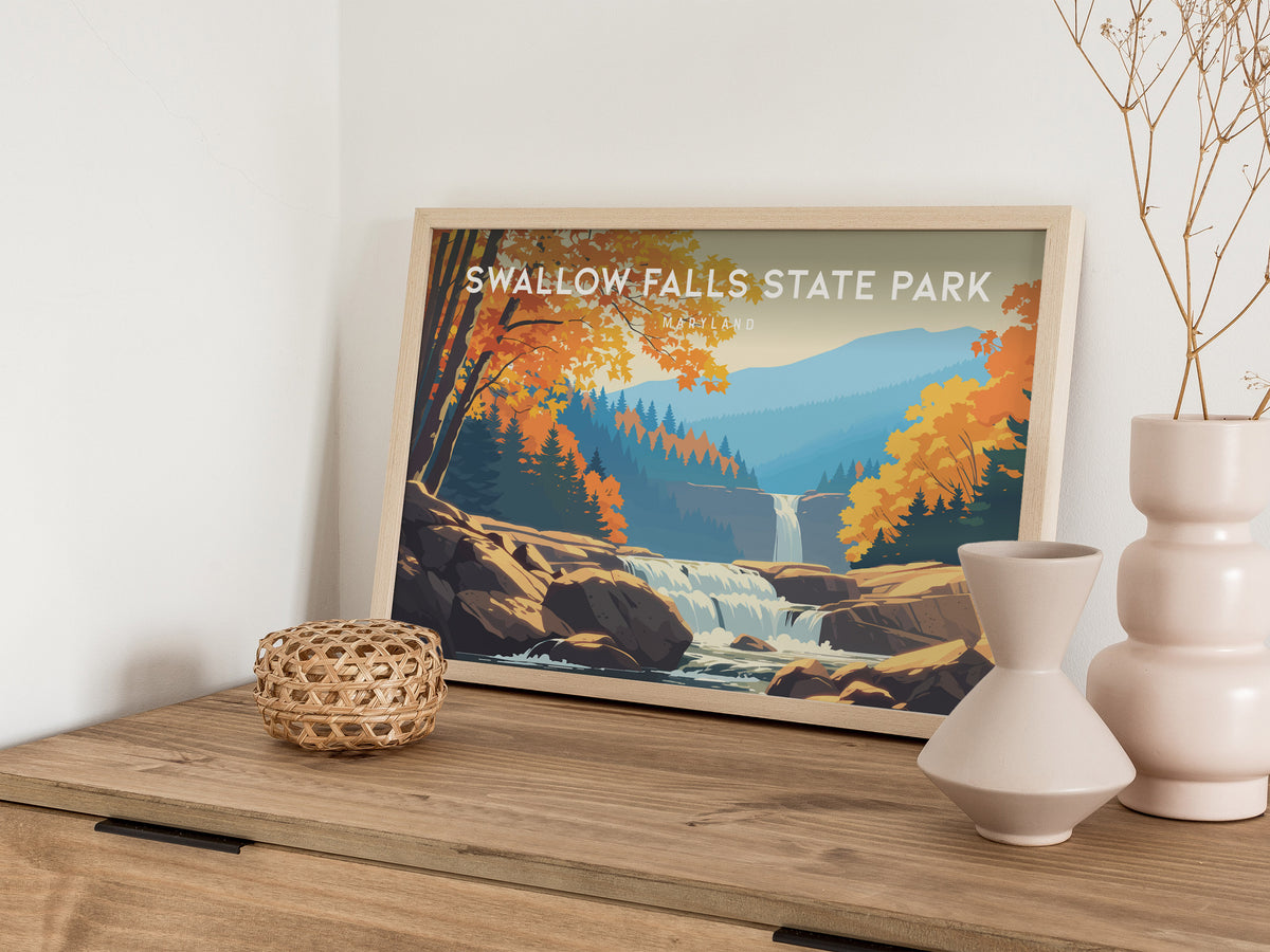 Swallow Falls State Park, Maryland Landscape Poster | Woodland Waterfall Vacation Wall Art — 12x18 in