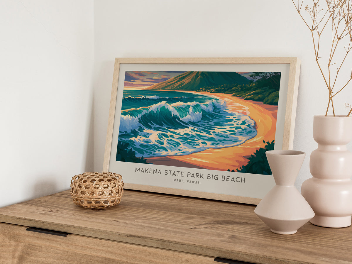 Makena State Park Big Beach Landscape Matte Border Poster | Maui, Hawaii Coastal Beach Decor — 12x18 in