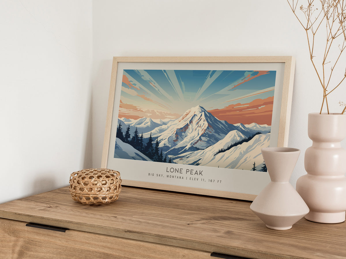 Lone Peak Landscape Matte Border Poster | Big Sky, Montana Travel Wall Art — 12x18 in