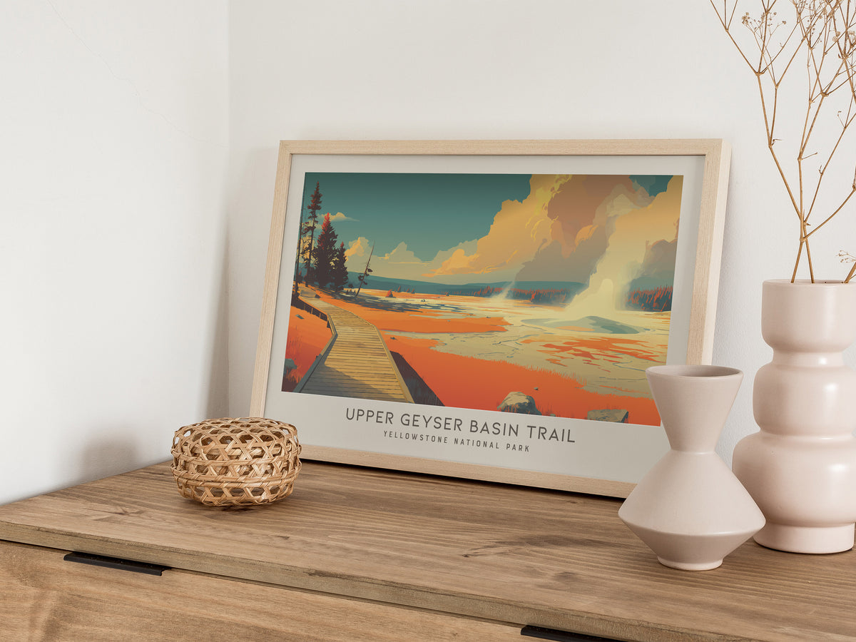 Upper Geyser Basin Trail Landscape Matte Border Poster | Yellowstone National Park Framed or Unframed Travel Gift — 12x18 in