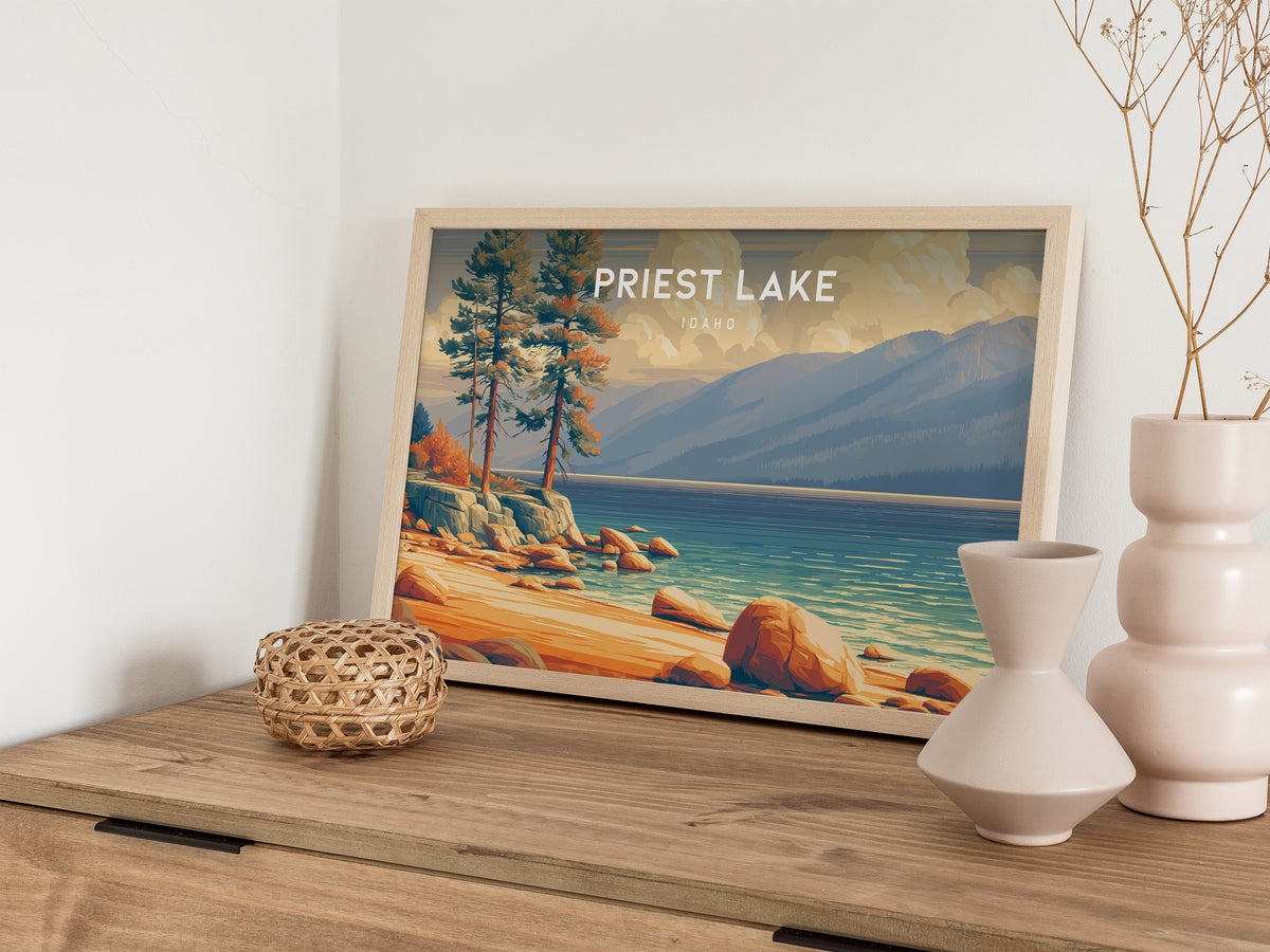 Priest Lake, Idaho Landscape Poster | Wilderness Lake Vacation Wall Art — 12x18 in
