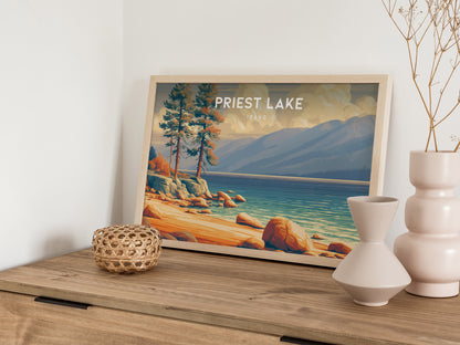 Priest Lake, Idaho Landscape Poster | Wilderness Lake Vacation Wall Art — 12x18 in