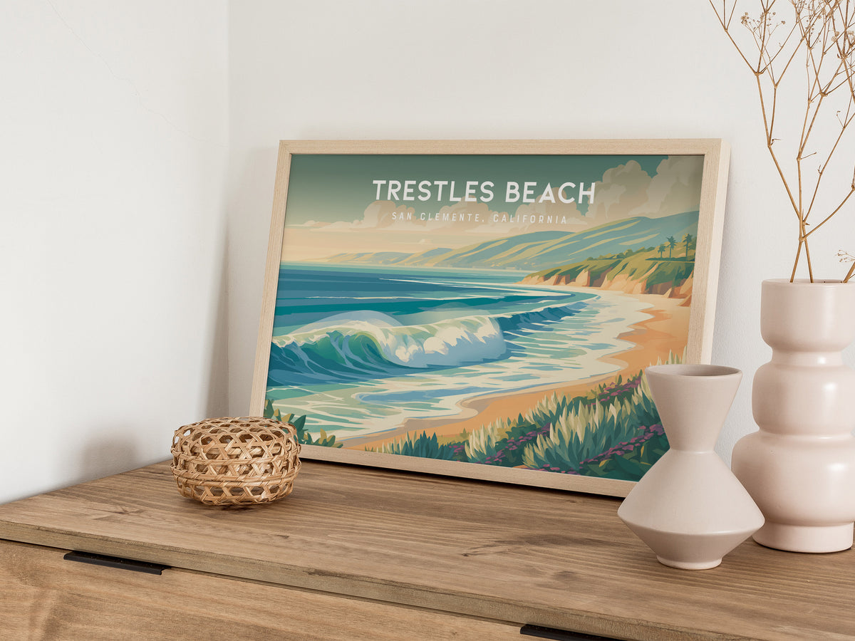 Trestles Beach Landscape, San Clemente, California Poster | Coastal Beach Decor Travel Gift Wall Art — 12x18 in