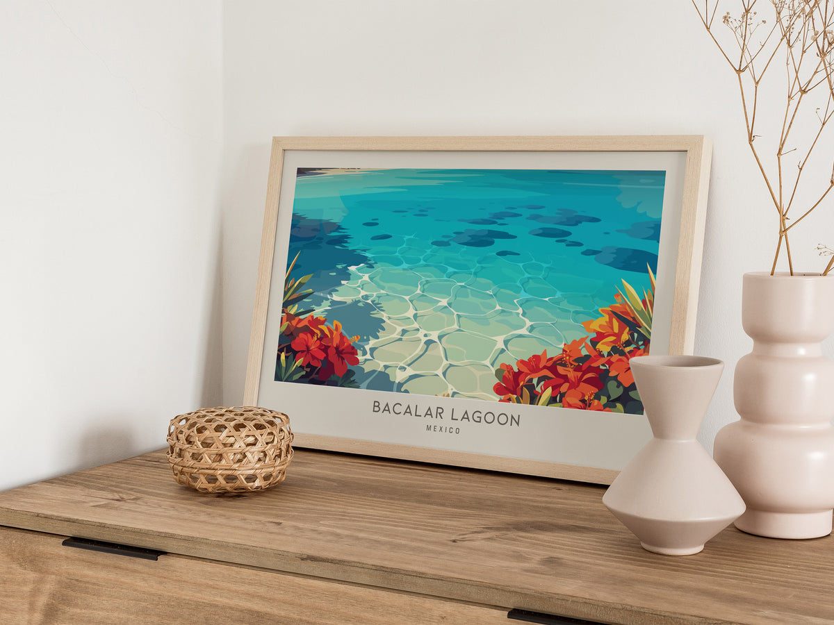 Bacalar Lagoon Landscape Matte Border Poster | Mexico Coastal Beach Decor Travel Wall Art — 12x18 in