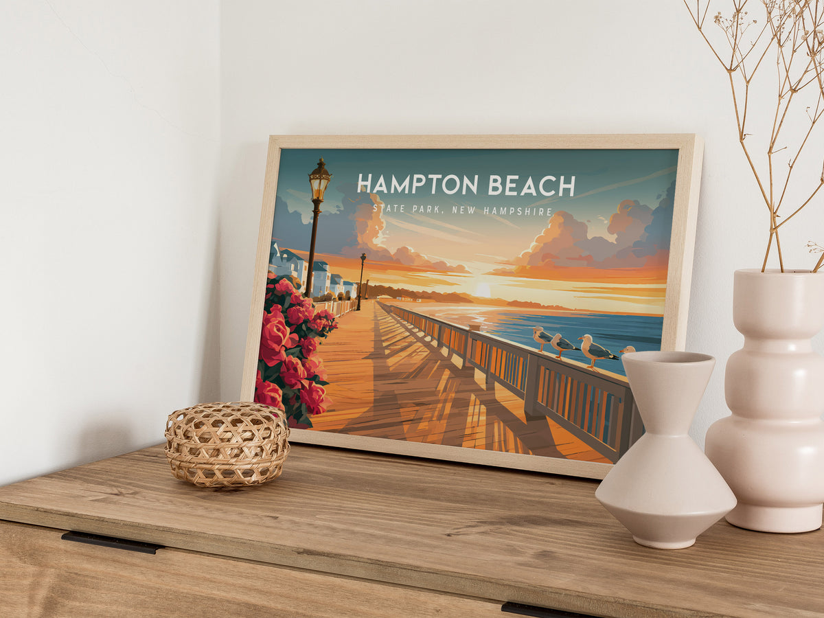 Hampton Beach Landscape Poster | State Park, New Hampshire Beach House Decor Wall Art — 12x18 in