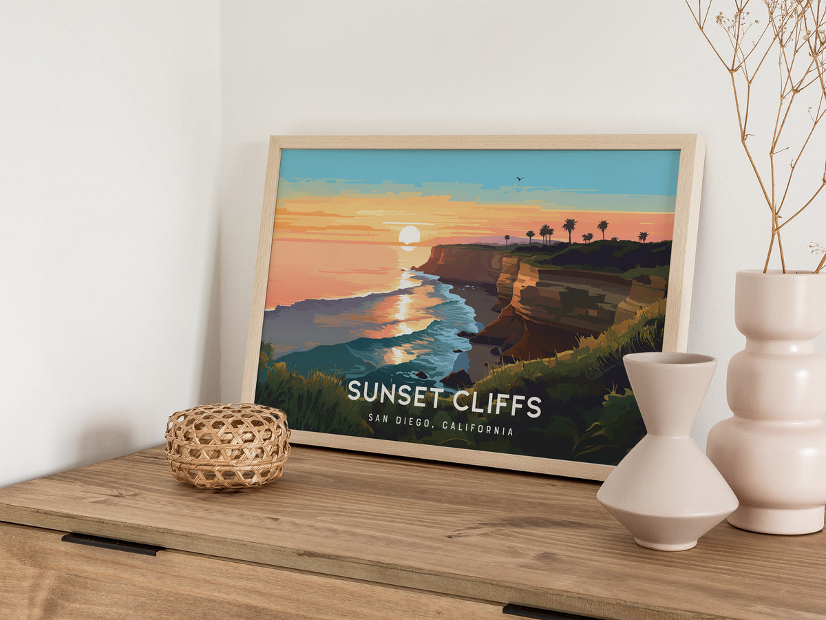 Sunset Cliffs, San Diego, California Landscape Poster | Coastal Beach Decor Wall Art — 12x18 in