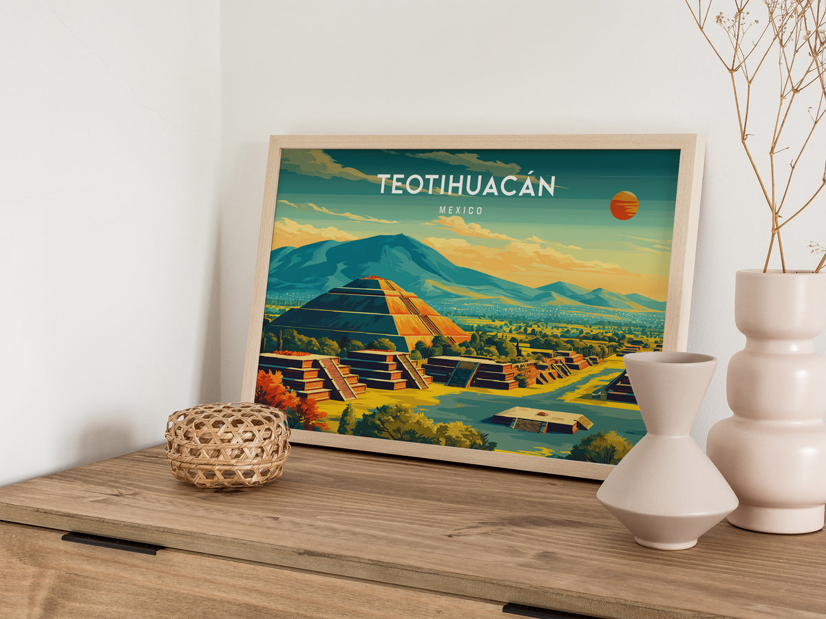 Teotihuacán, Mexico Landscape Poster | Sun & Moon Pyramids Vacation Wall Art — 12x18 in