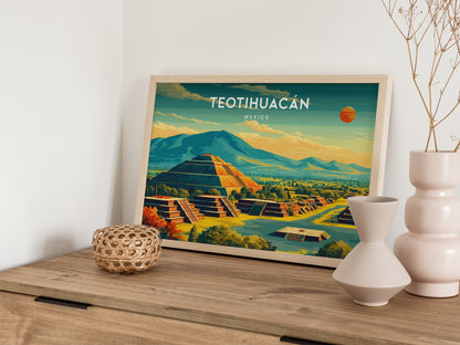 Teotihuacán, Mexico Landscape Poster | Sun & Moon Pyramids Vacation Wall Art — 12x18 in