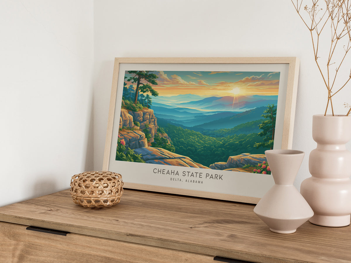 Cheaha State Park Landscape Matte Border Poster | Delta, Alabama Travel Wall Art Framed or Unframed — 12x18 in