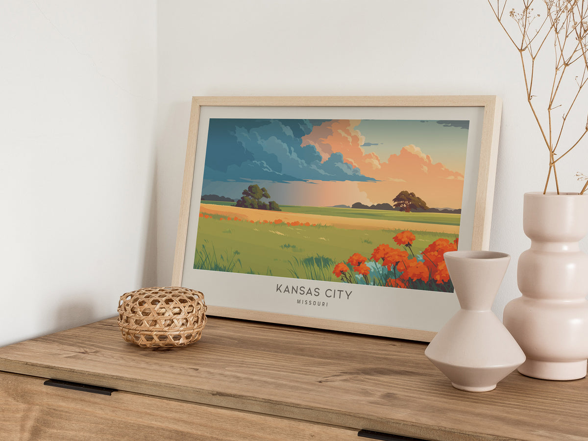 Kansas City Landscape Matte Border Poster | Missouri Vacation Wall Art — 12x18 in
