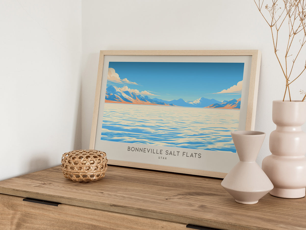Bonneville Salt Flats Landscape Matte Border Poster | Utah Travel Gift Framed or Unframed — 12x18 in