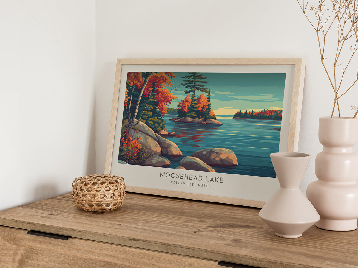Moosehead Lake Landscape Matte Border Poster | Greenville, Maine Vacation Wall Art — 12x18 in