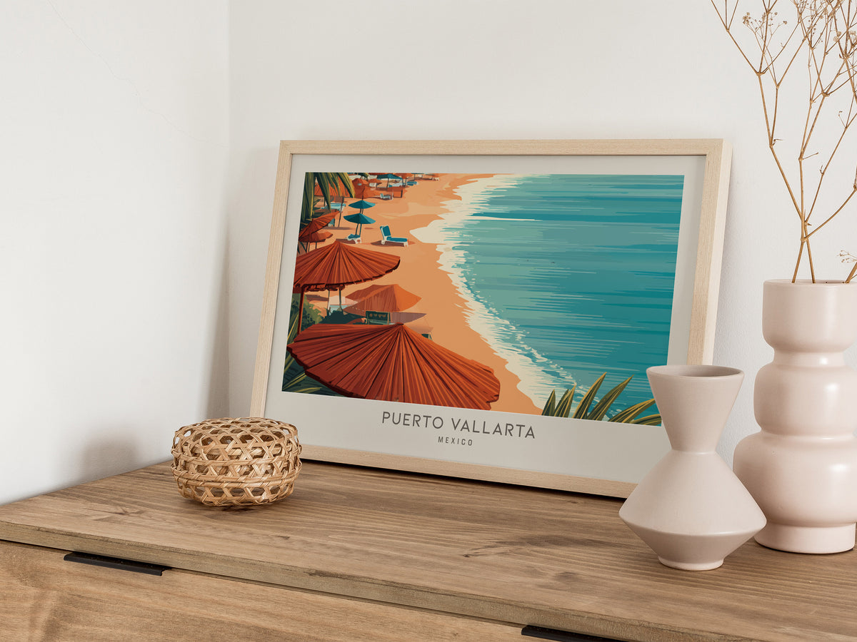 Puerto Vallarta Landscape Matte Border Poster | Mexico Destination Print Travel Wall Art — 12x18 in
