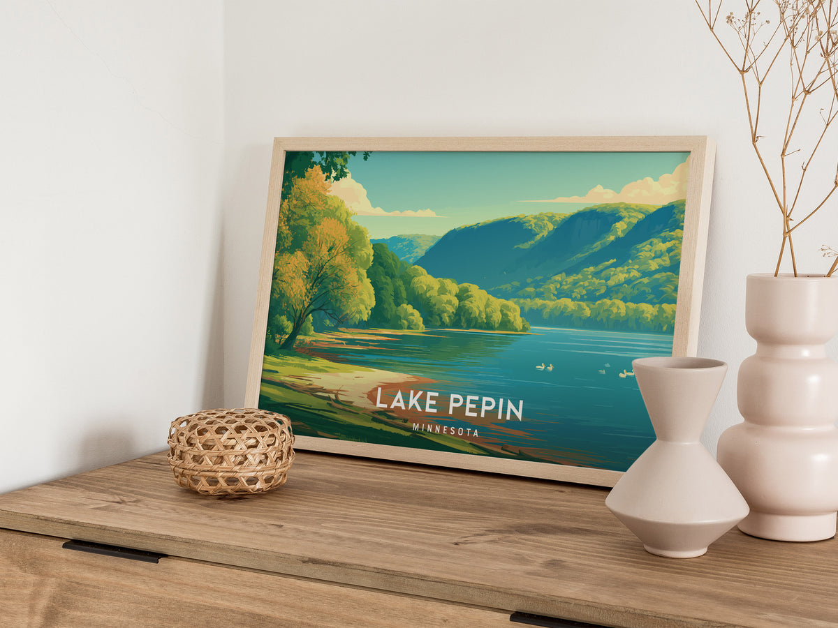 Lake Pepin, Minnesota Landscape Poster | Scenic Bluffs & Sailboats Vacation Wall Art — 12x18 in