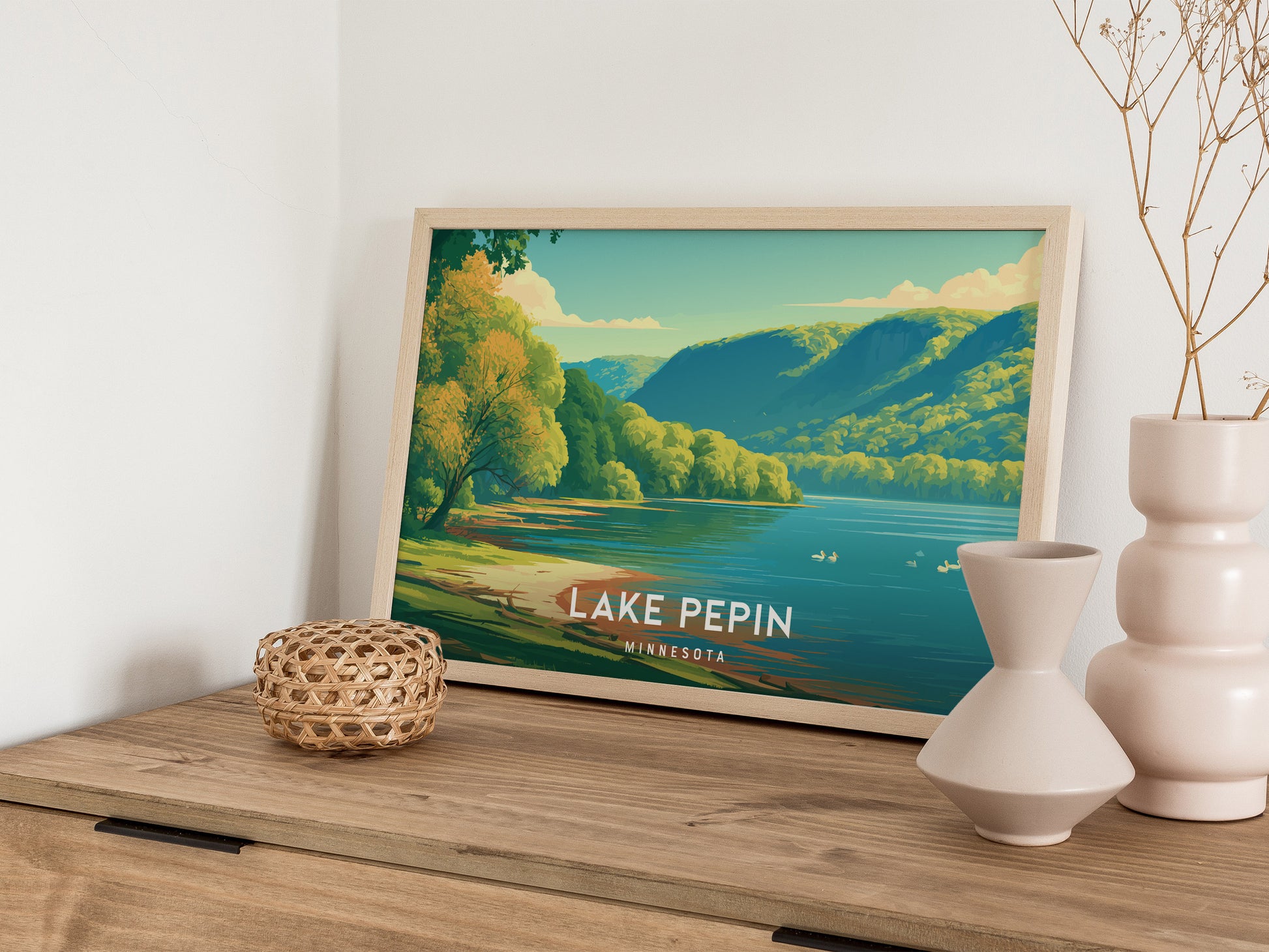 Lake Pepin, Minnesota Landscape Poster | Scenic Bluffs & Sailboats Vacation Wall Art — 12x18 in
