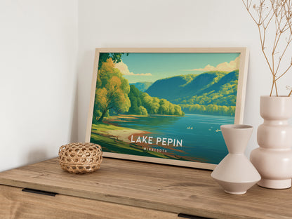 Lake Pepin, Minnesota Landscape Poster | Scenic Bluffs & Sailboats Vacation Wall Art — 12x18 in