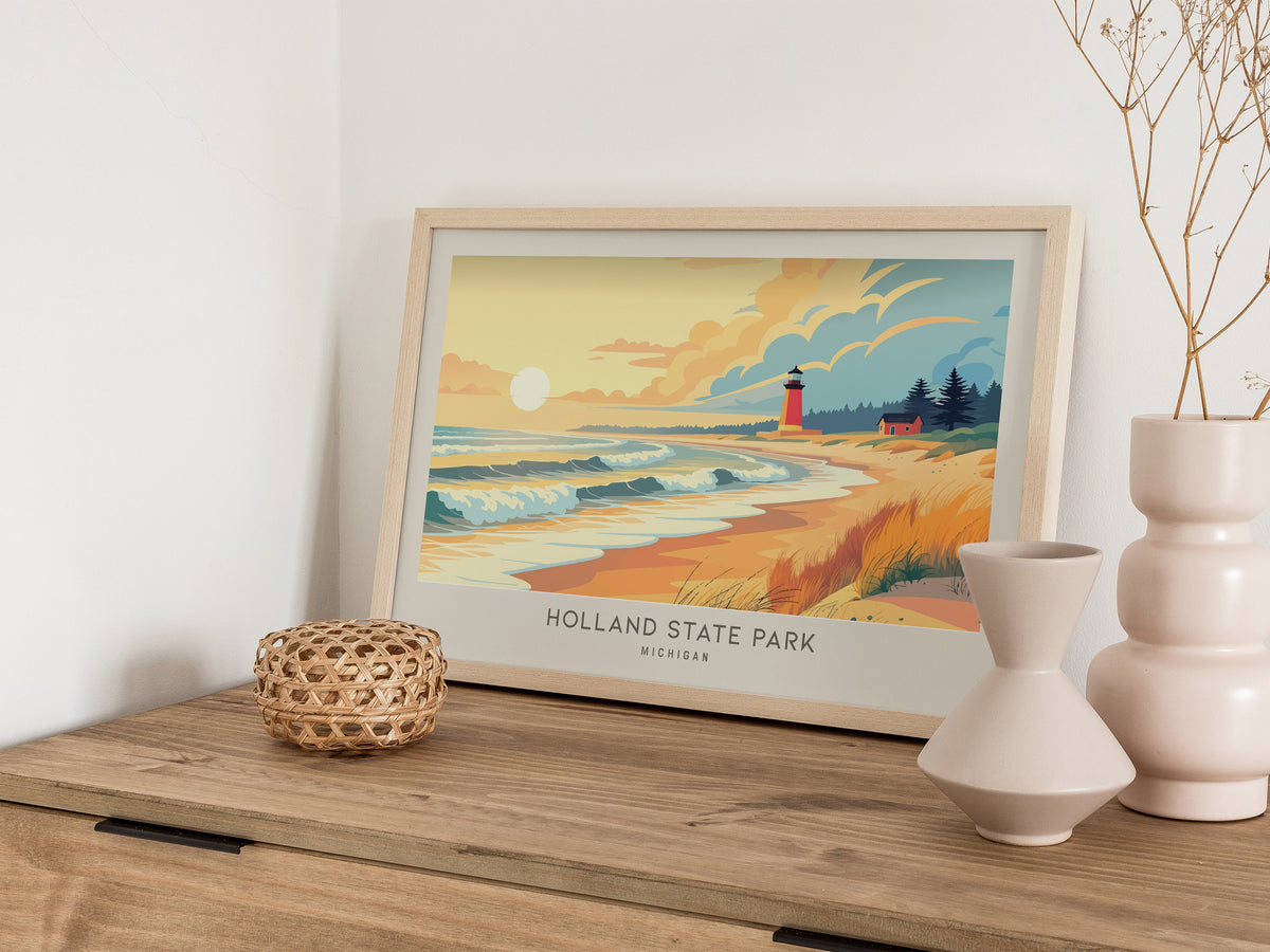 Holland State Park Landscape Matte Border Poster | Michigan Beach House Decor Vacation Wall Art — 12x18 in