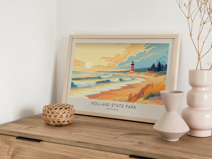Holland State Park Landscape Matte Border Poster | Michigan Beach House Decor Vacation Wall Art — 12x18 in