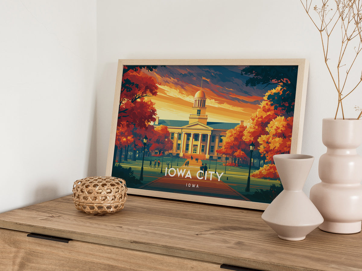 Iowa City, Iowa Landscape Poster | Midwest College Town Vacation Wall Art — 12x18 in