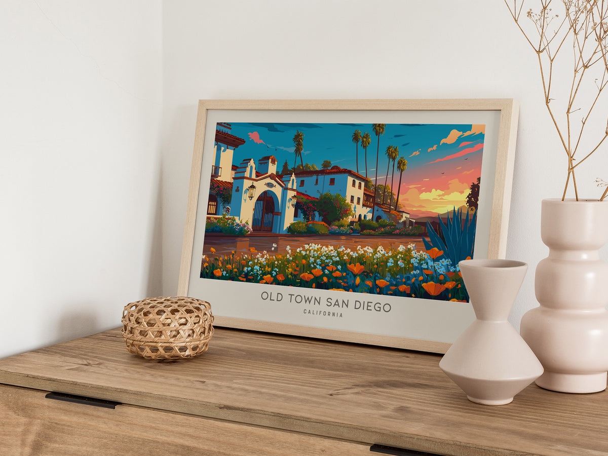 Old Town San Diego Landscape Matte Border Poster | California Destination Print Framed or Unframed — 12x18 in