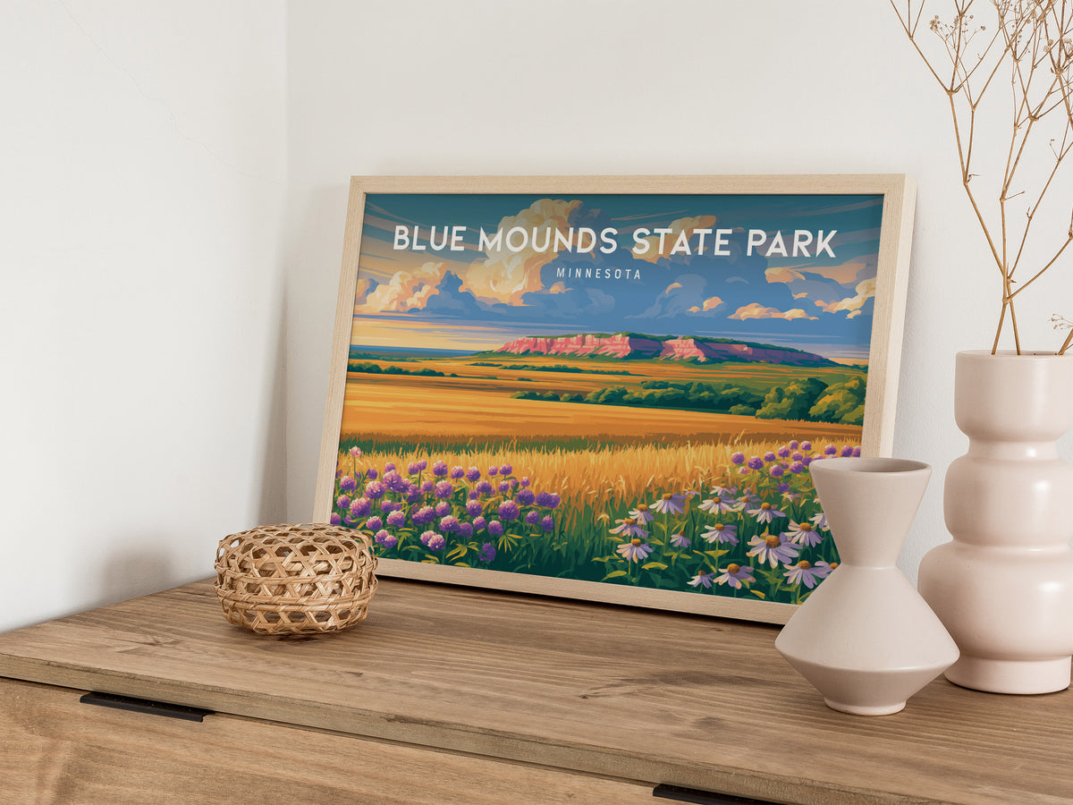 Blue Mounds State Park Landscape, Minnesota Poster | Tallgrass Prairie & Sioux Quartzite Framed or Unframed Wall Art — 12x18