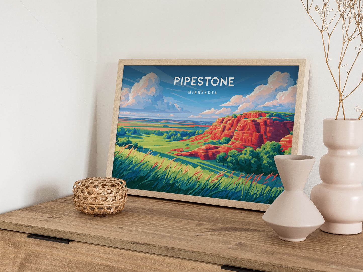 Pipestone, Minnesota Landscape Poster | Red Stone Bluffs Destination Print Wall Art — 12x18 in