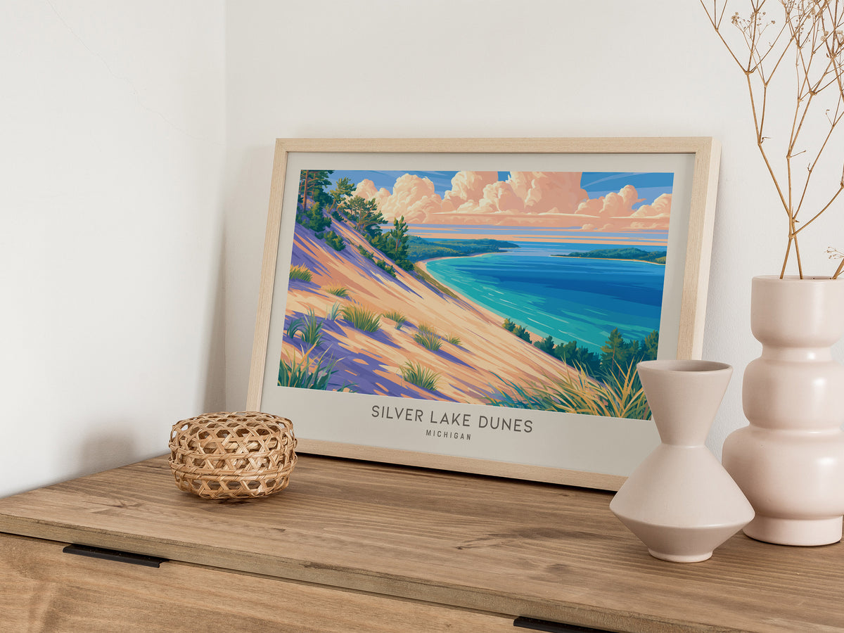 Silver Lake Dunes Landscape Matte Border Poster | Michigan Vacation Wall Art — 12x18 in