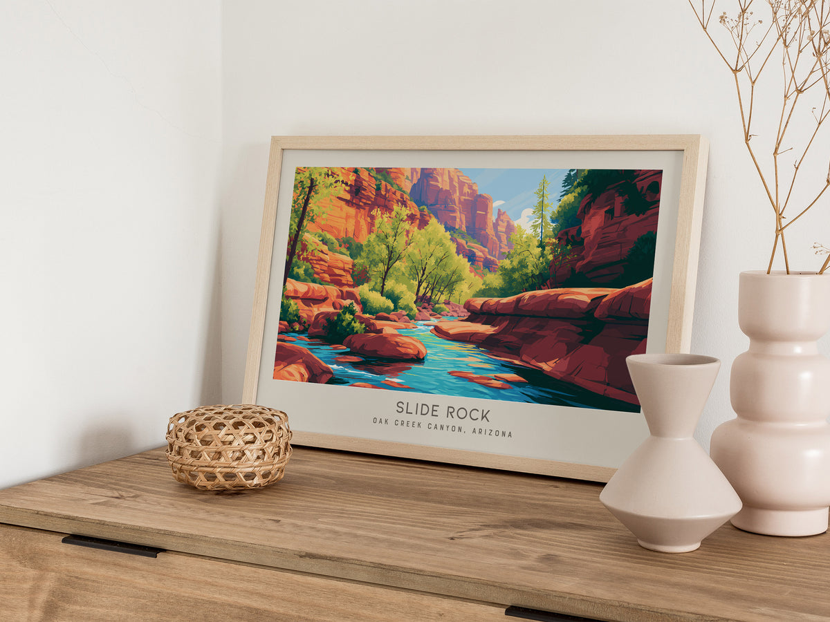 Slide Rock Landscape Matte Border Poster | Oak Creek Canyon, Arizona Travel Wall Art — 12x18 in