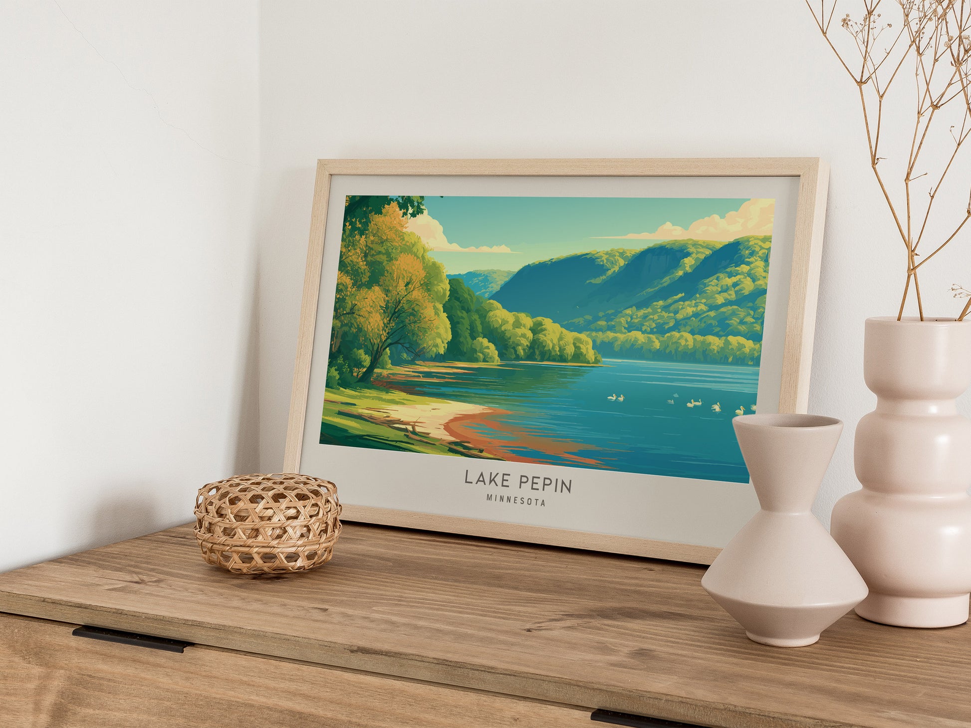 Lake Pepin Landscape Matte Border Poster | Minnesota Travel Gift Beach House Decor — 12x18 in