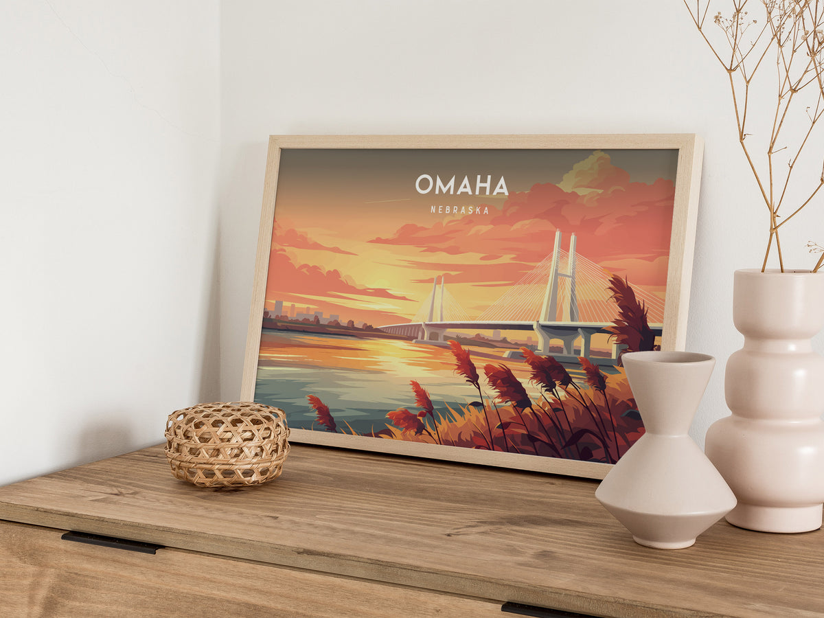 Omaha, Nebraska Landscape Poster | Midwest Cityscape Travel Gift Wall Art — 12x18 in