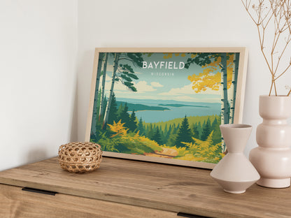 Bayfield, Wisconsin Landscape Poster | Coastal Beach Decor & Harbor Wall Art — 12x18 in