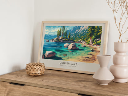 Donner Lake Landscape Matte Border Poster | Truckee, California Framed or Unframed Travel Gift — 12x18 in