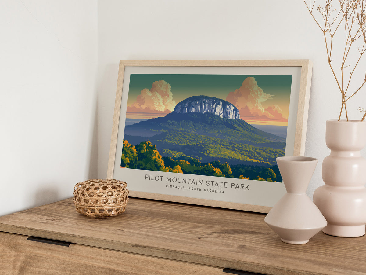 Pilot Mountain State Park Landscape Matte Border Poster | Pinnacle, North Carolina Travel Gift — 12x18 in