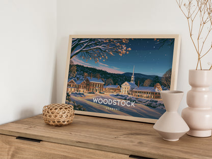 Woodstock, Vermont Landscape Poster | Charming Covered Bridge Travel Wall Art — 12x18 in