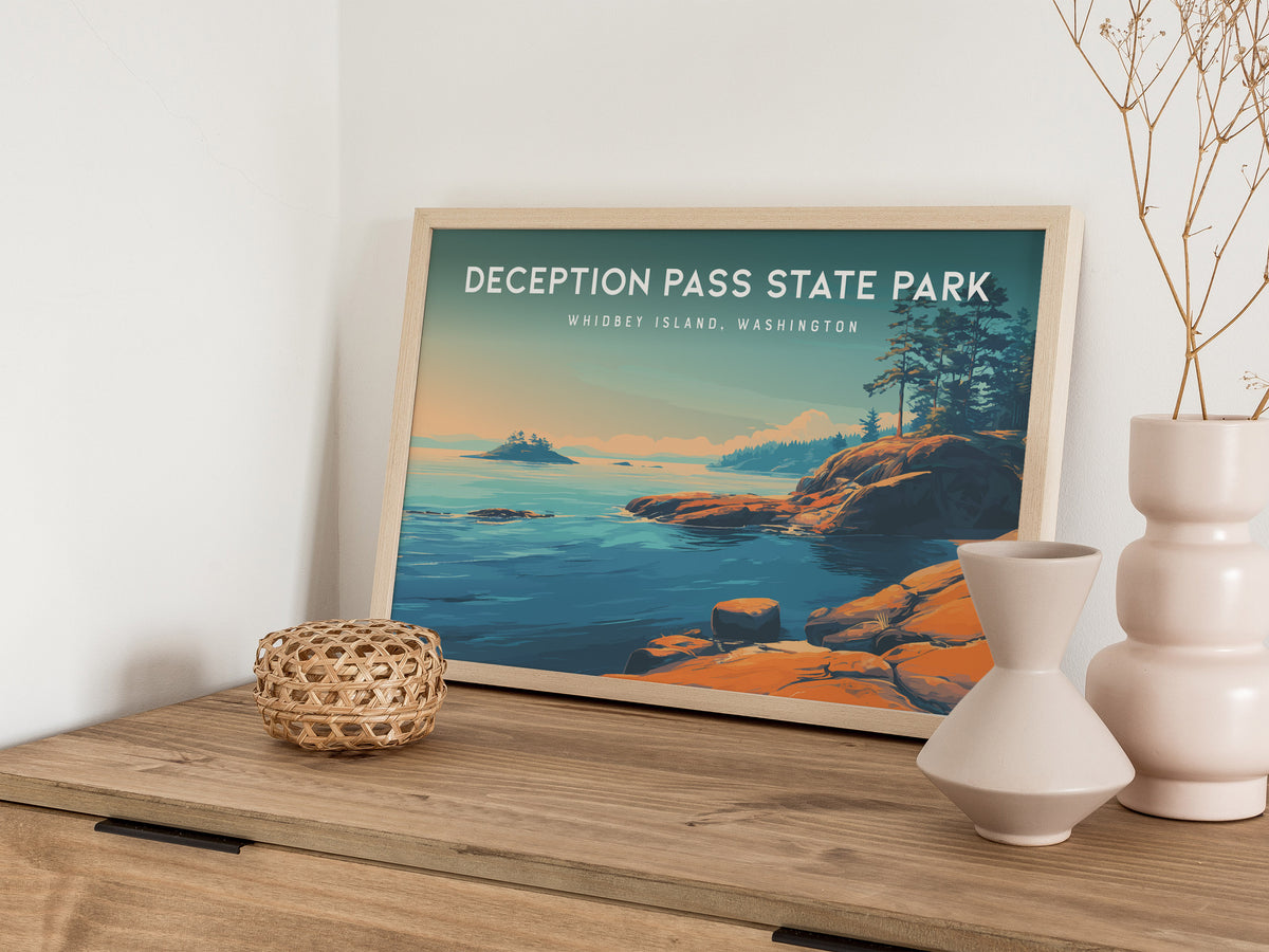 Deception Pass State Park Landscape Poster | Whidbey Island, Washington Pacific Northwest Beach House Decor — 12x18 in