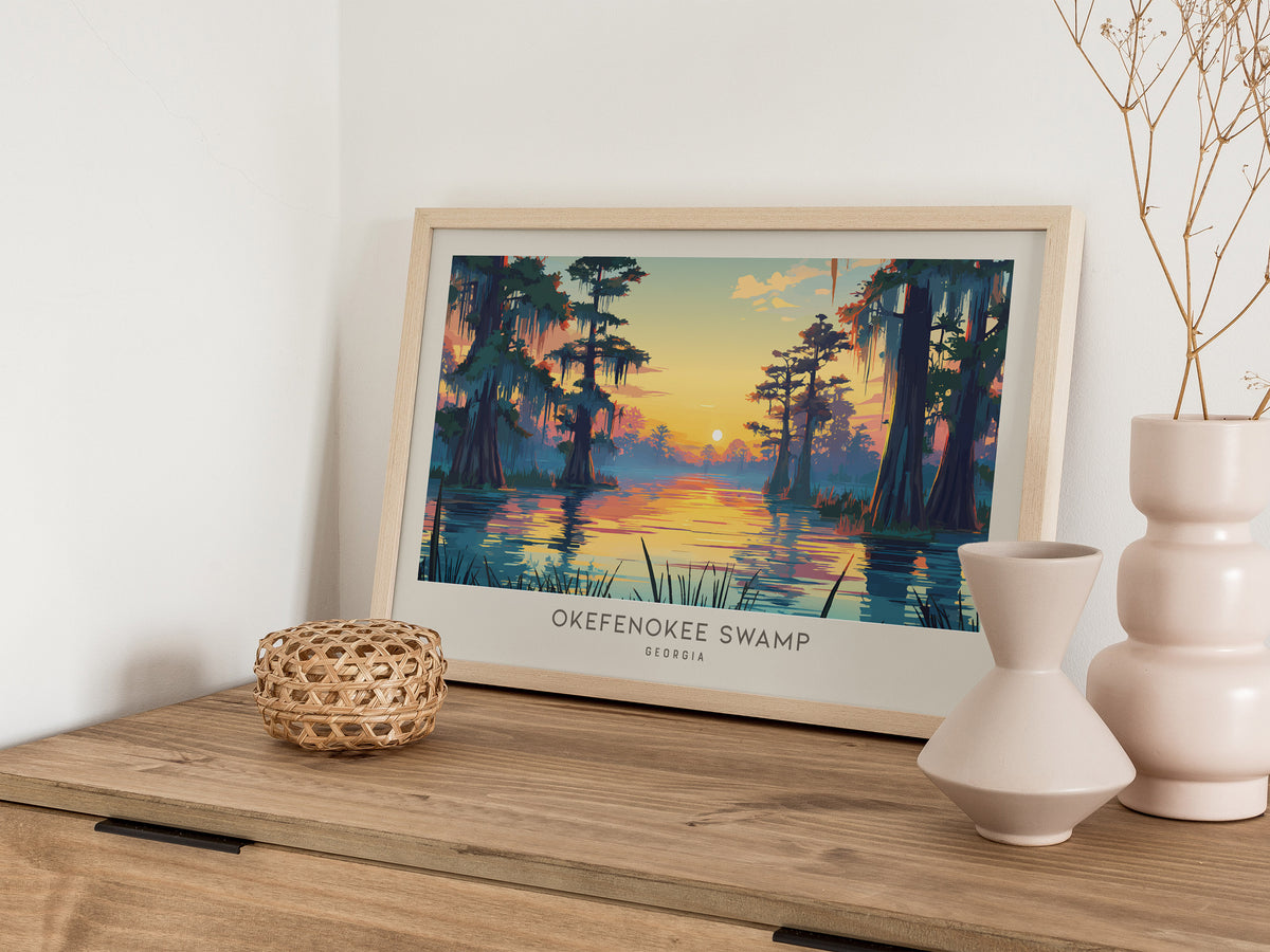 Okefenokee Swamp Landscape Matte Border Poster | Georgia Destination Print Travel Wall Art — 12x18 in