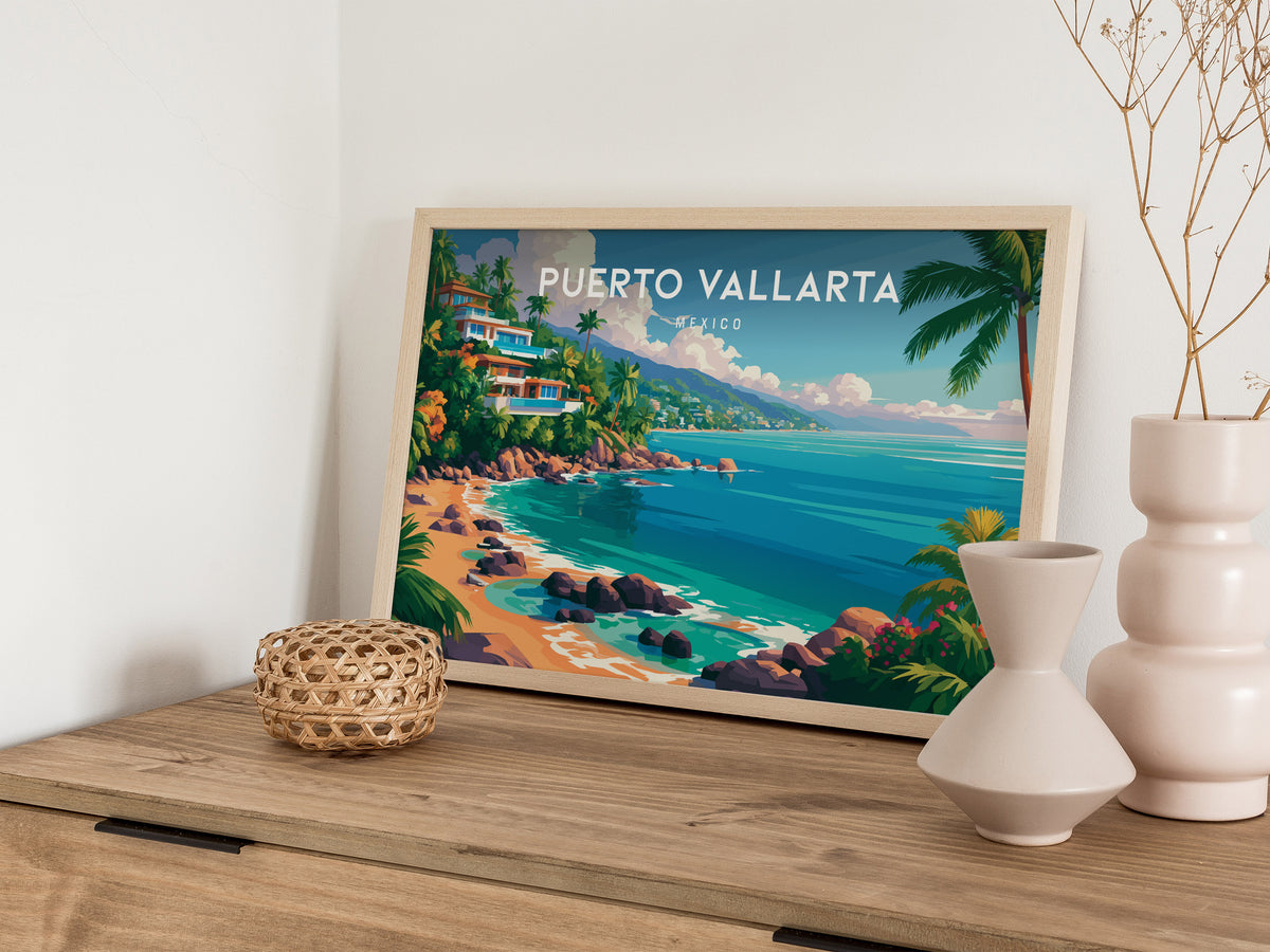 Puerto Vallarta, Mexico Landscape Poster | Beach House Decor Vacation Wall Art — 12x18 in