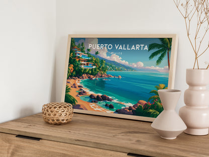 Puerto Vallarta, Mexico Landscape Poster | Beach House Decor Vacation Wall Art — 12x18 in