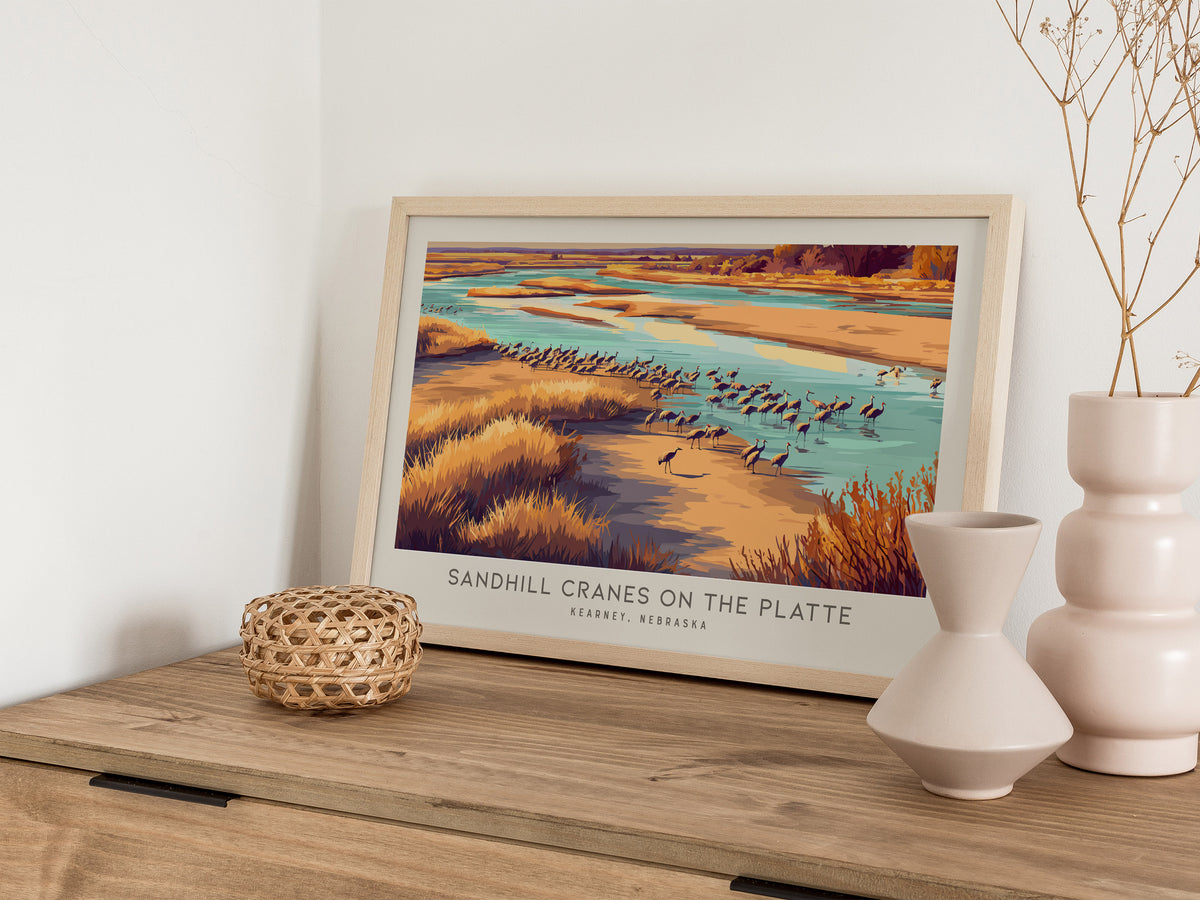 Sandhill Cranes on the Platte Landscape Matte Border Poster | Kearney, Nebraska Framed or Unframed Travel Gift — 12x18 in