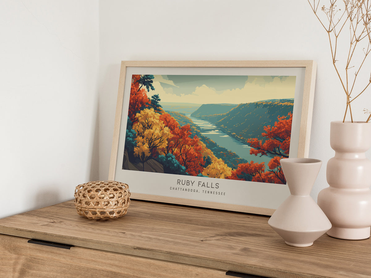 Ruby Falls Landscape Matte Border Poster | Chattanooga, Tennessee Travel Gift Framed or Unframed — 12x18 in