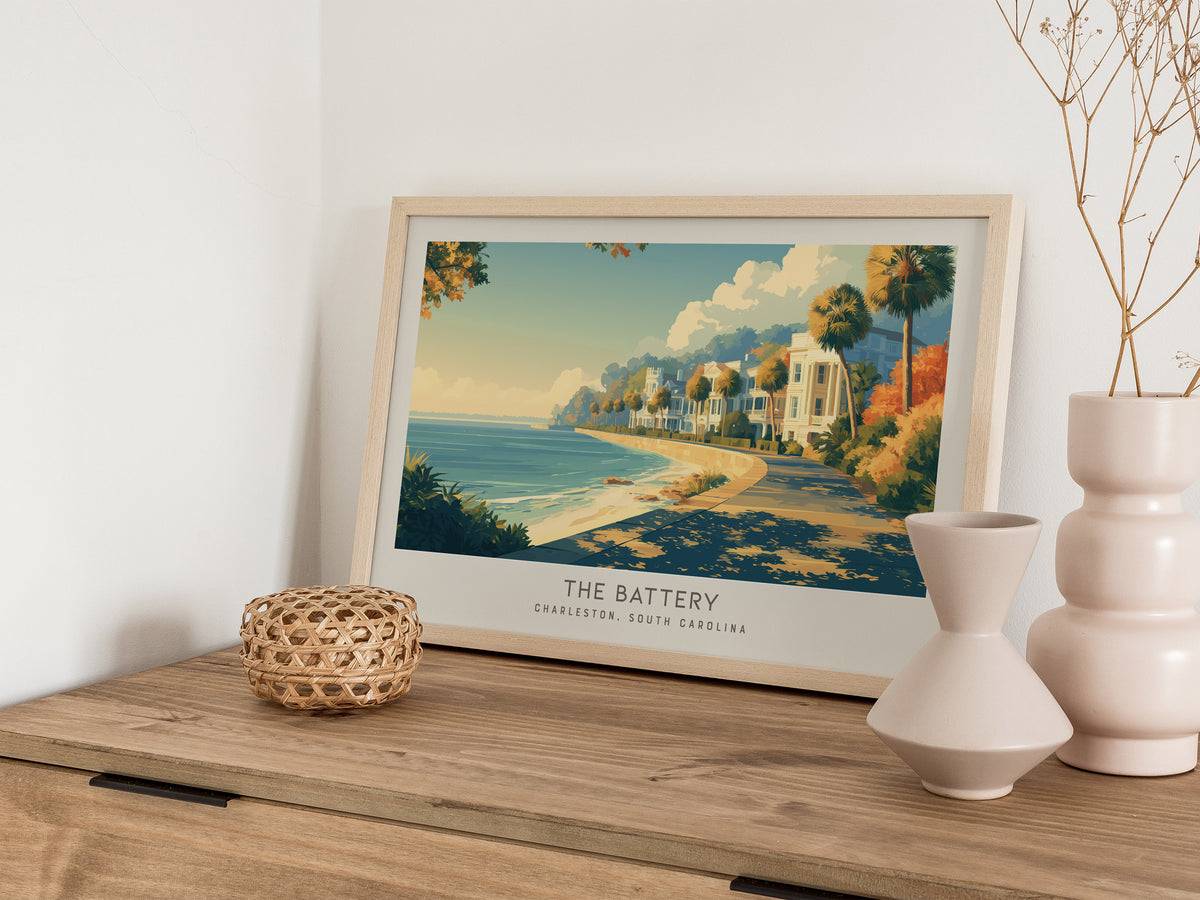 The Battery Landscape Matte Border Poster | Charleston, South Carolina Travel Wall Art — 12x18 in