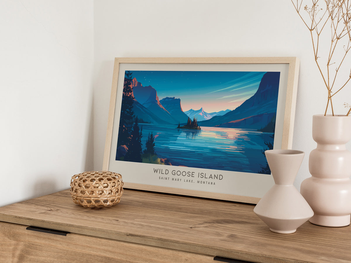 Wild Goose Island Landscape Matte Border Poster | Saint Mary Lake, Montana Destination Print — 12x18 in