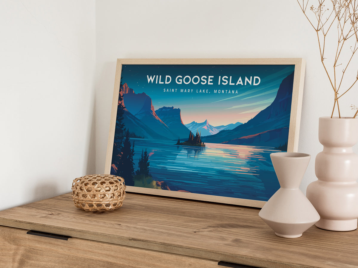 Wild Goose Island Landscape Poster | Saint Mary Lake, Montana Framed or Unframed Vacation Wall Art — 12x18 in