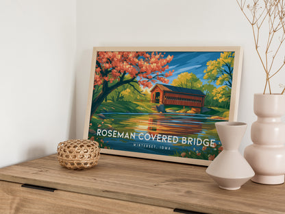 Roseman Covered Bridge Landscape Poster | Winterset, Iowa Travel Gift Wall Art — 12x18 in