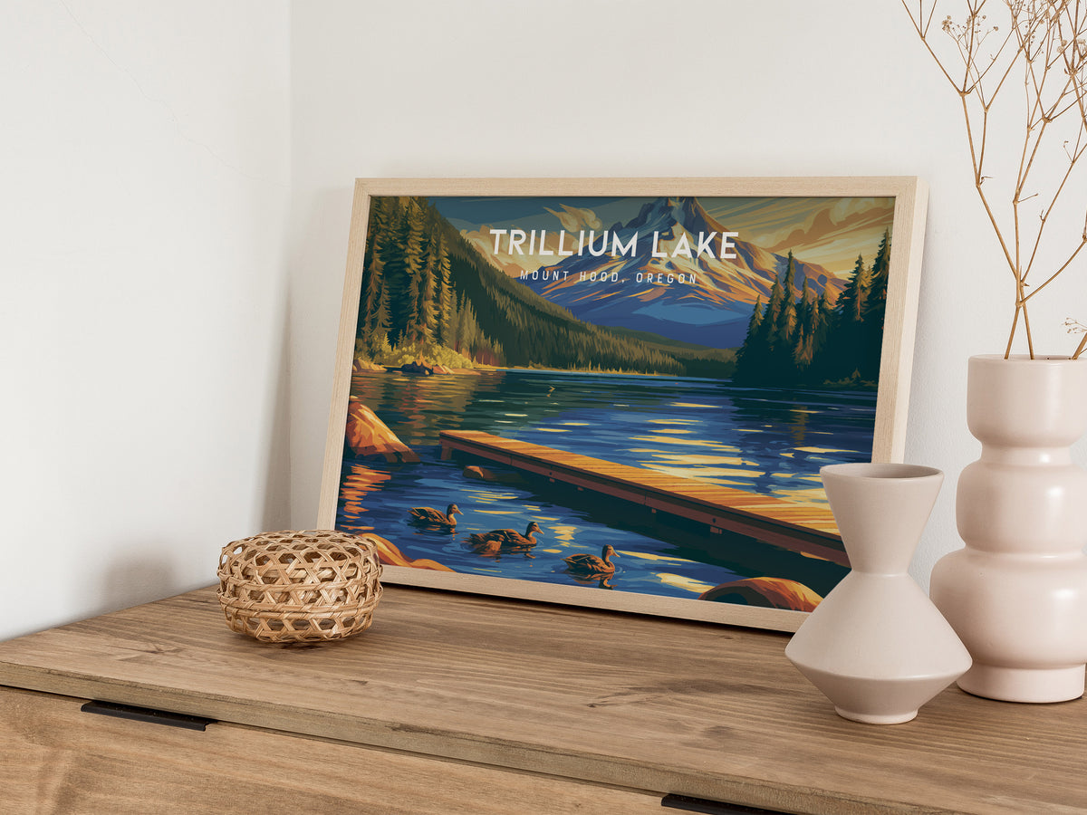 Trillium Lake Landscape Poster | Mount Hood, Oregon Framed or Unframed Vacation Wall Art — 12x18 in