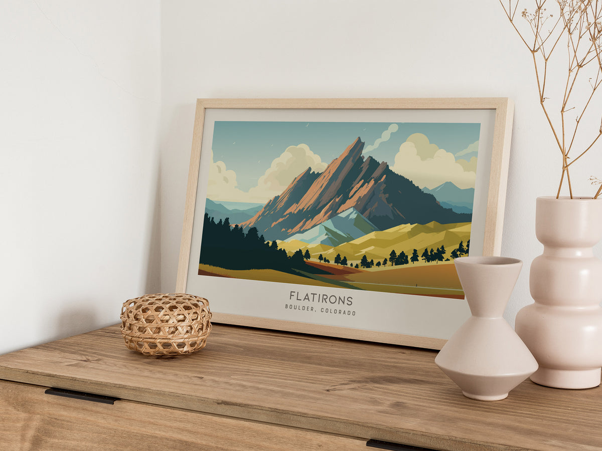 Flatirons Landscape Matte Border Poster | Boulder, Colorado Travel Wall Art — 12x18 in