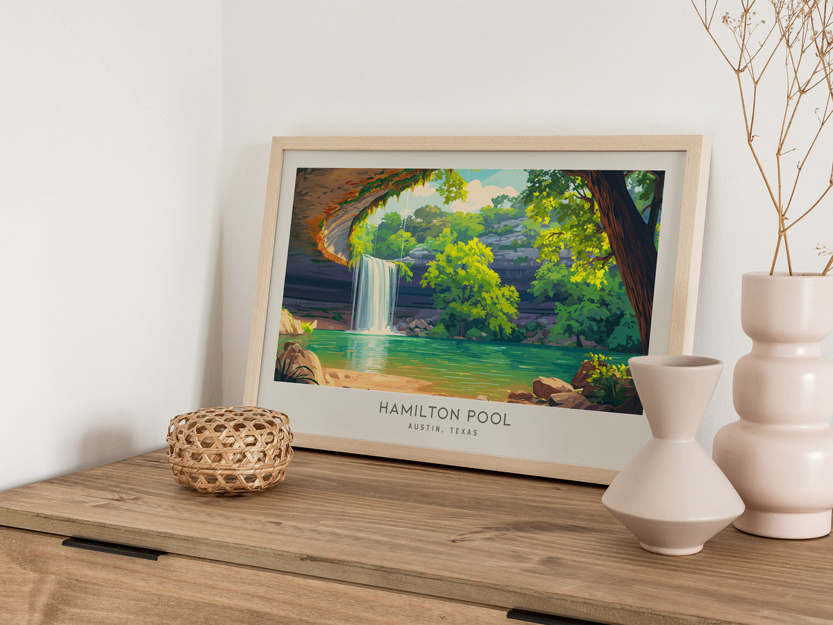 Hamilton Pool Landscape Matte Border Poster | Austin, Texas Travel Gift & Natural Grotto Wall Art — 12x18 in